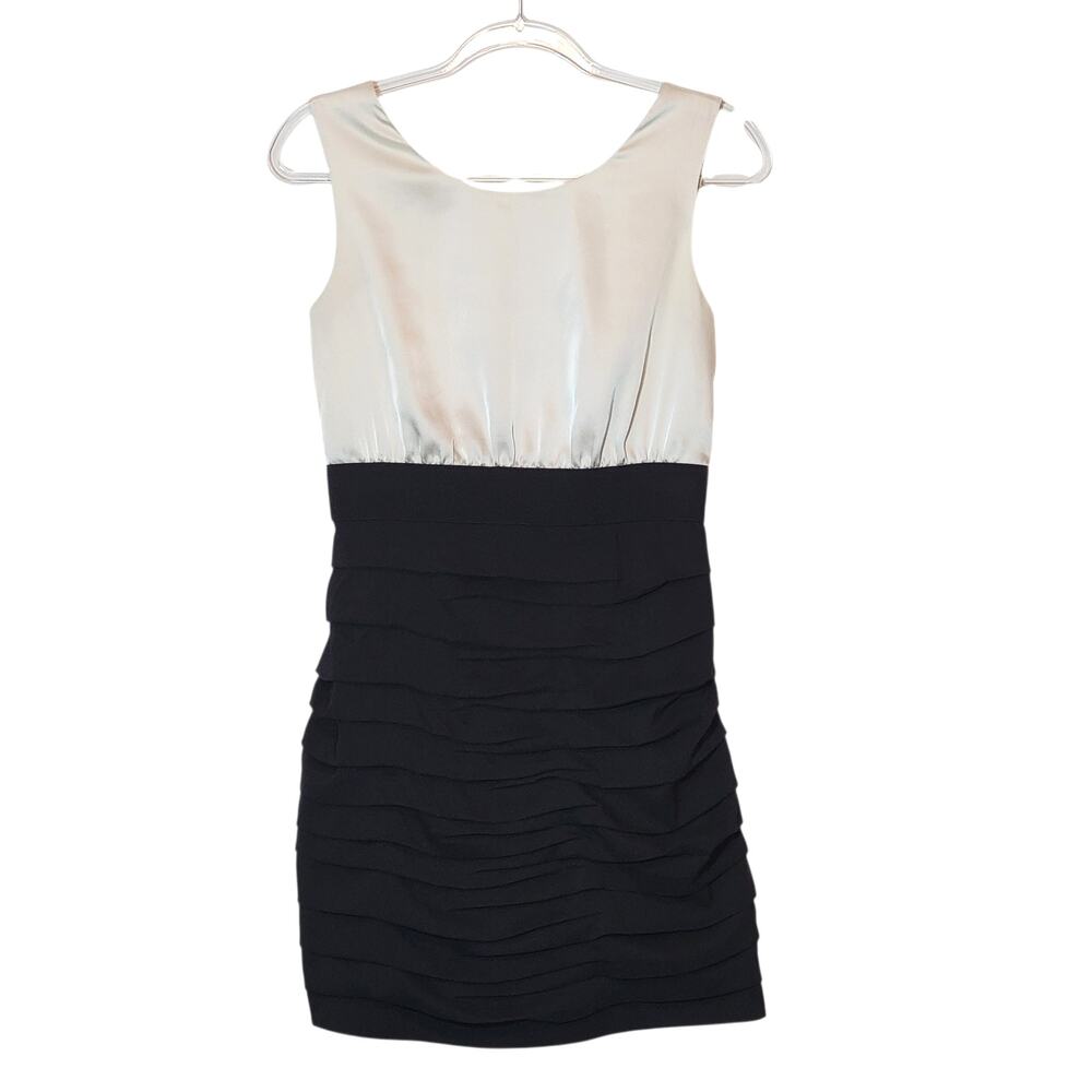 Express Bodycon Mini Dress White Satin Top Black Tiered Skirt Sleeveless 6